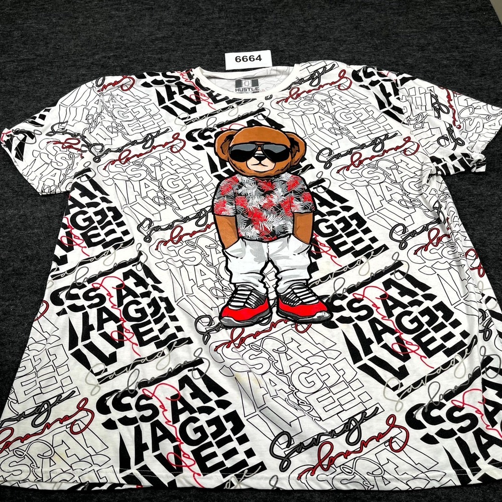 Hustle Gang T Shirt Men 5XL White Savage Bear Graphic Print Crew Neck Outdoor